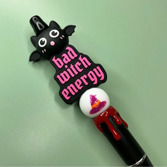 Bad Witch Energy Kawaii Bat Handmade Beaded Pen Halloween Emo Goth - Picture 2 of 5